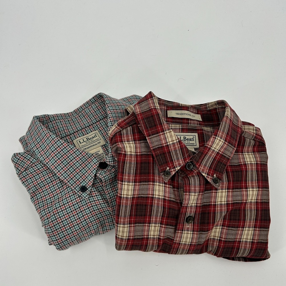 Lot of 2 LL Bean Plaid Houndstooth Flannel Button Down Shirts Mens L Cotton Soft